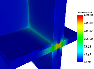 Wrmebrcke mit der farbigen Darstellung der Verteilung vom Wrmestrom (Stromdichten) an der Bauteiloberflche