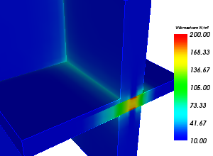 thermal bridge analysis by showing heat flux distribution on the surface of the modelled component
